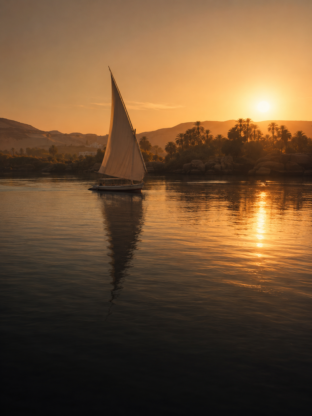 A felucca sailing the Nile at golden hour, Aswan